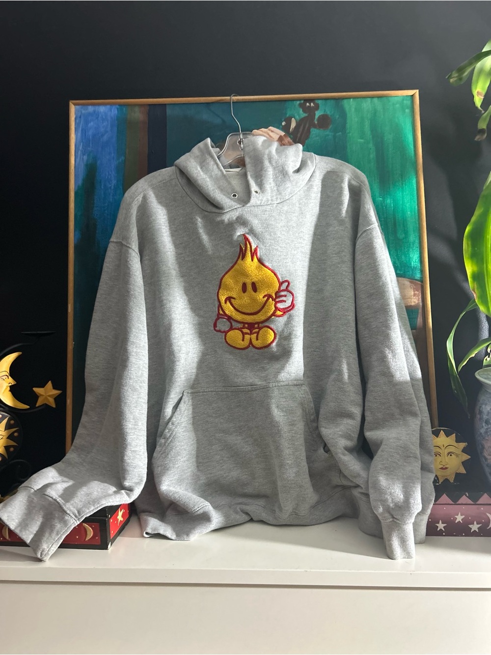 Vintage Sideout Grey Chenille Flame Mascot Hoodie Size Tag Missing